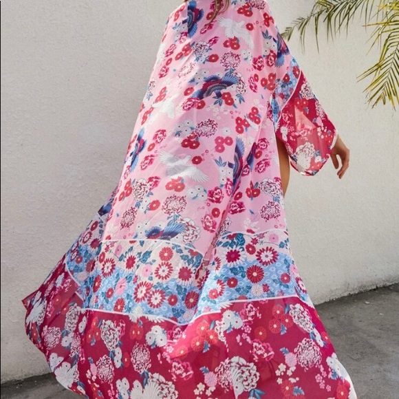 Other - NWOT Beautiful Sheer Pink Floral Kimono Robe for Beach or Home Size Small